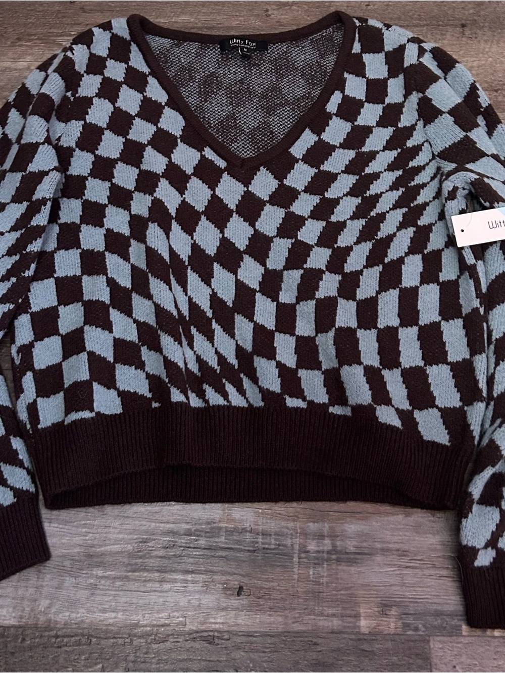Women's Blue & Brown Checker V-Neck‎ Sweater